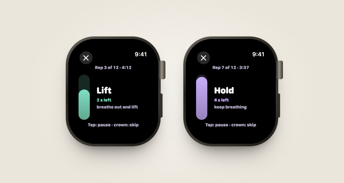 Two Apple Watch screens from a Fia kegel session: Lift, 2 seconds left, breathe out and lift; and Hold, 4 seconds left, keep breathing.