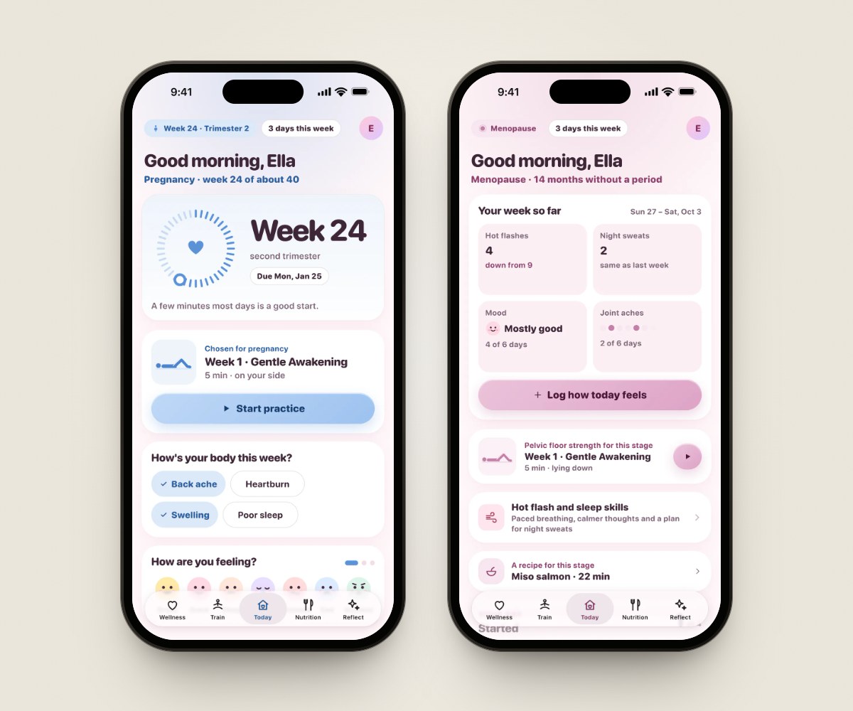 Two iPhones showing Fia's Today screen: in pregnancy, at week 24, with a session chosen for pregnancy; and in menopause, with the week's hot flashes and night sweats and a session for that stage.
