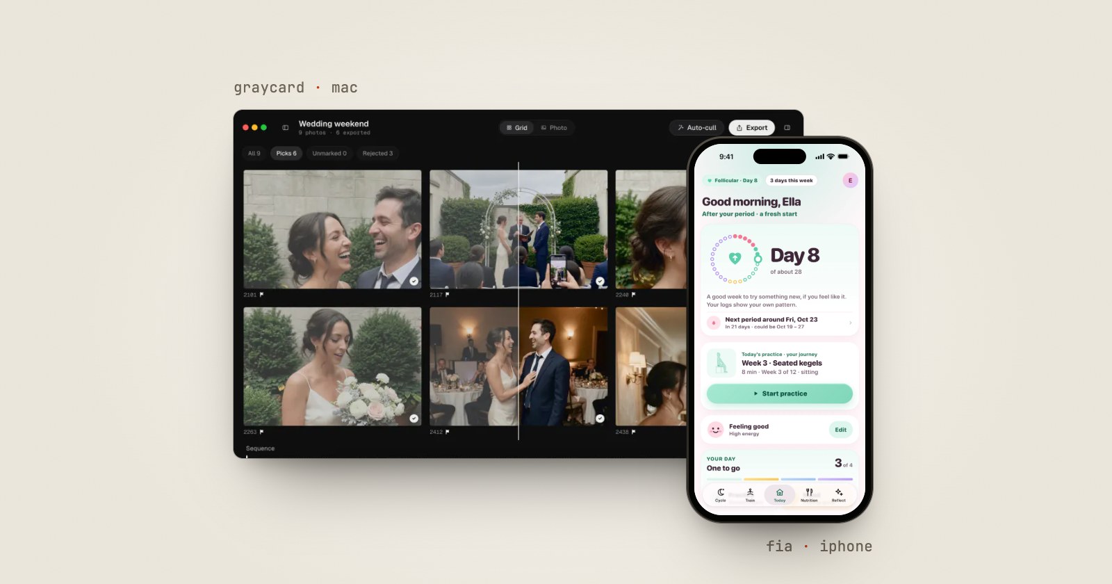 Graycard's Mac window with a wedding weekend in a grid of picks, beside an iPhone showing Fia's Today screen on day 8.
