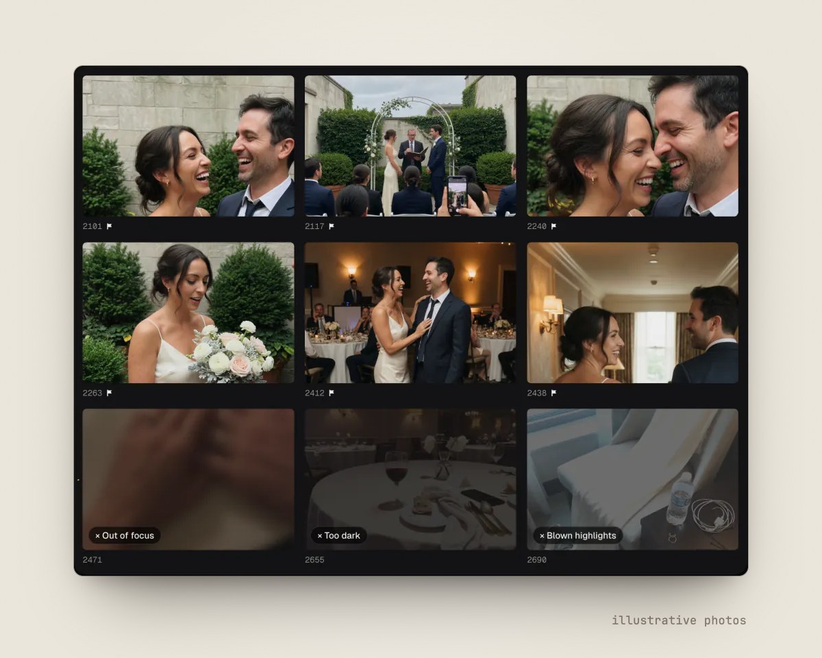 Graycard's grid of a wedding shoot: six keepers, and three photos below set aside for review, marked Out of focus, Too dark and Blown highlights. Illustrative photos.