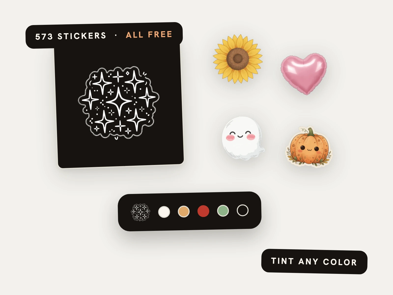 A white doodle sticker on a dark card next to a row of tint swatches, surrounded by colorful stickers from the new packs