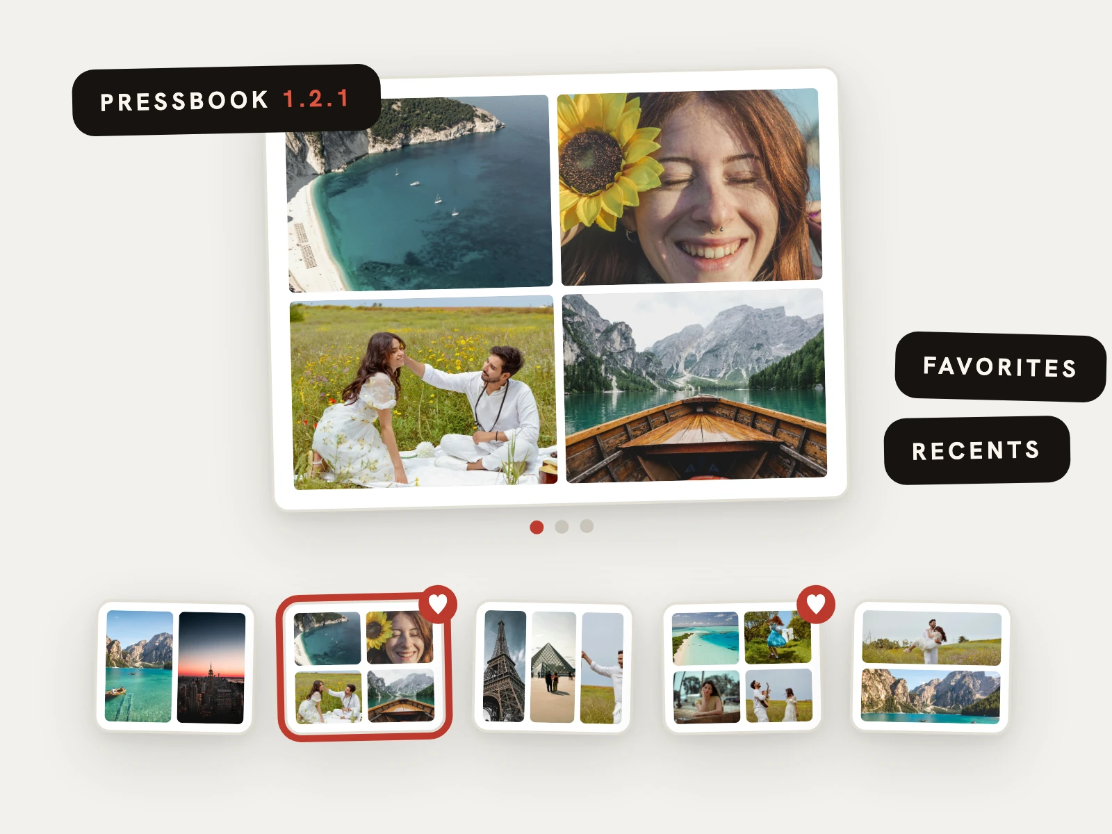The new Pressbook layout picker: a large live preview above a filmstrip of layouts, with one selected and two marked as favorites