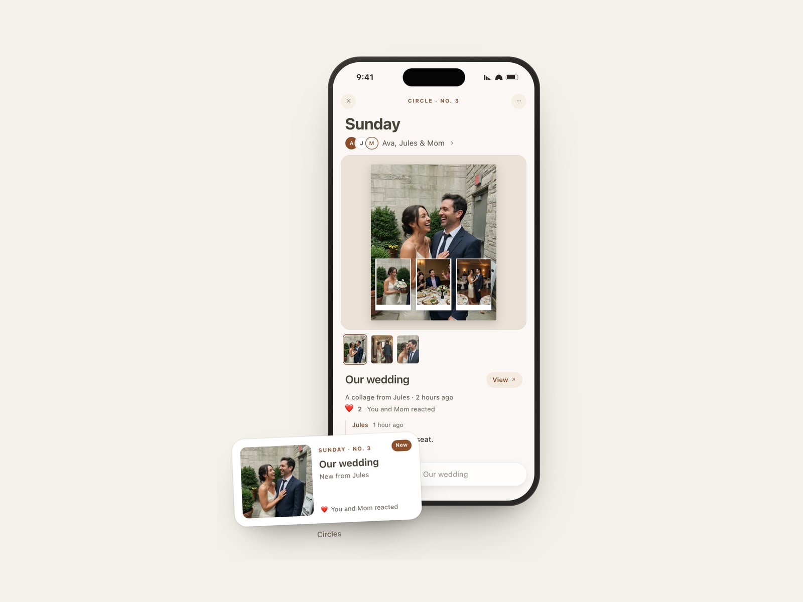 Drawing of a Pressbook circle on iPhone, with the wedding collage Jules shared, and the Circles widget beside it
