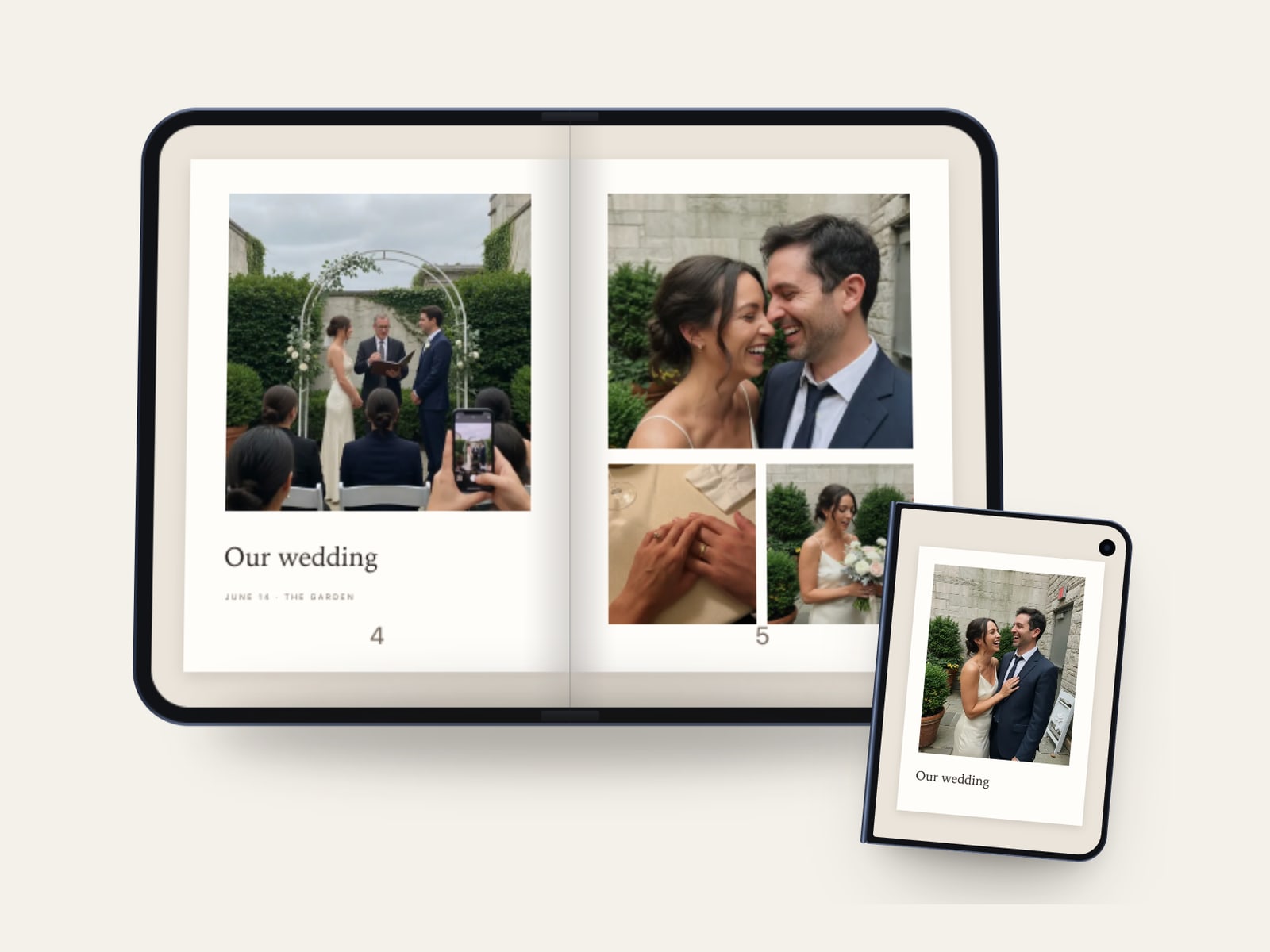 Drawing of an album on iPhone Duo: open as a two-page spread across the fold, and closed on the outer display