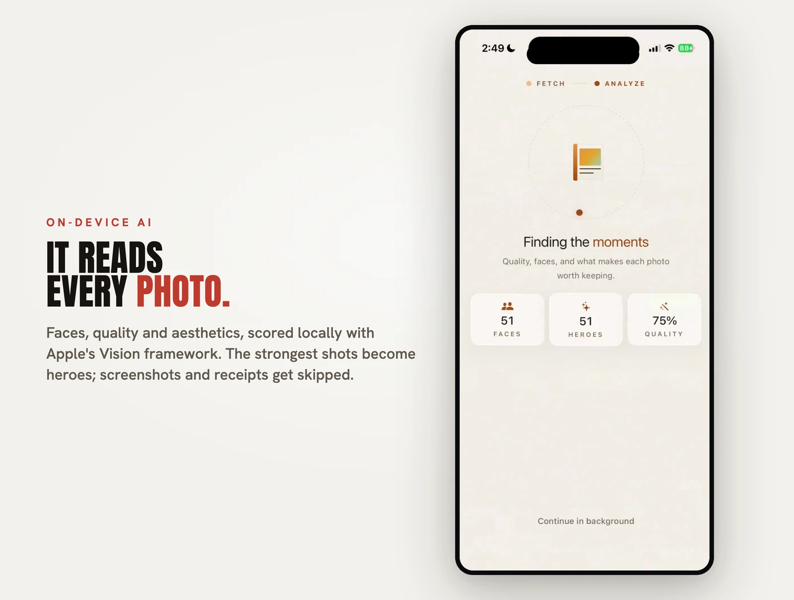 Pressbook's on-device analysis screen counting faces, heroes and a 75 percent quality reading while it scores photos