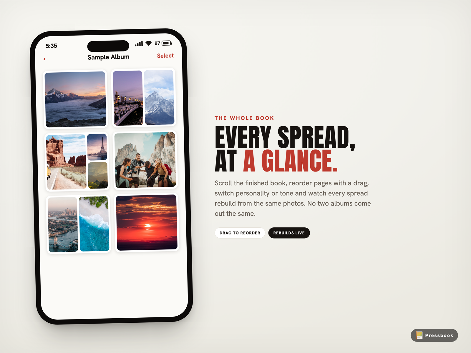Pressbook Sample Album screen showing grid overview of multiple finished pages and spreads with photos laid out in the app