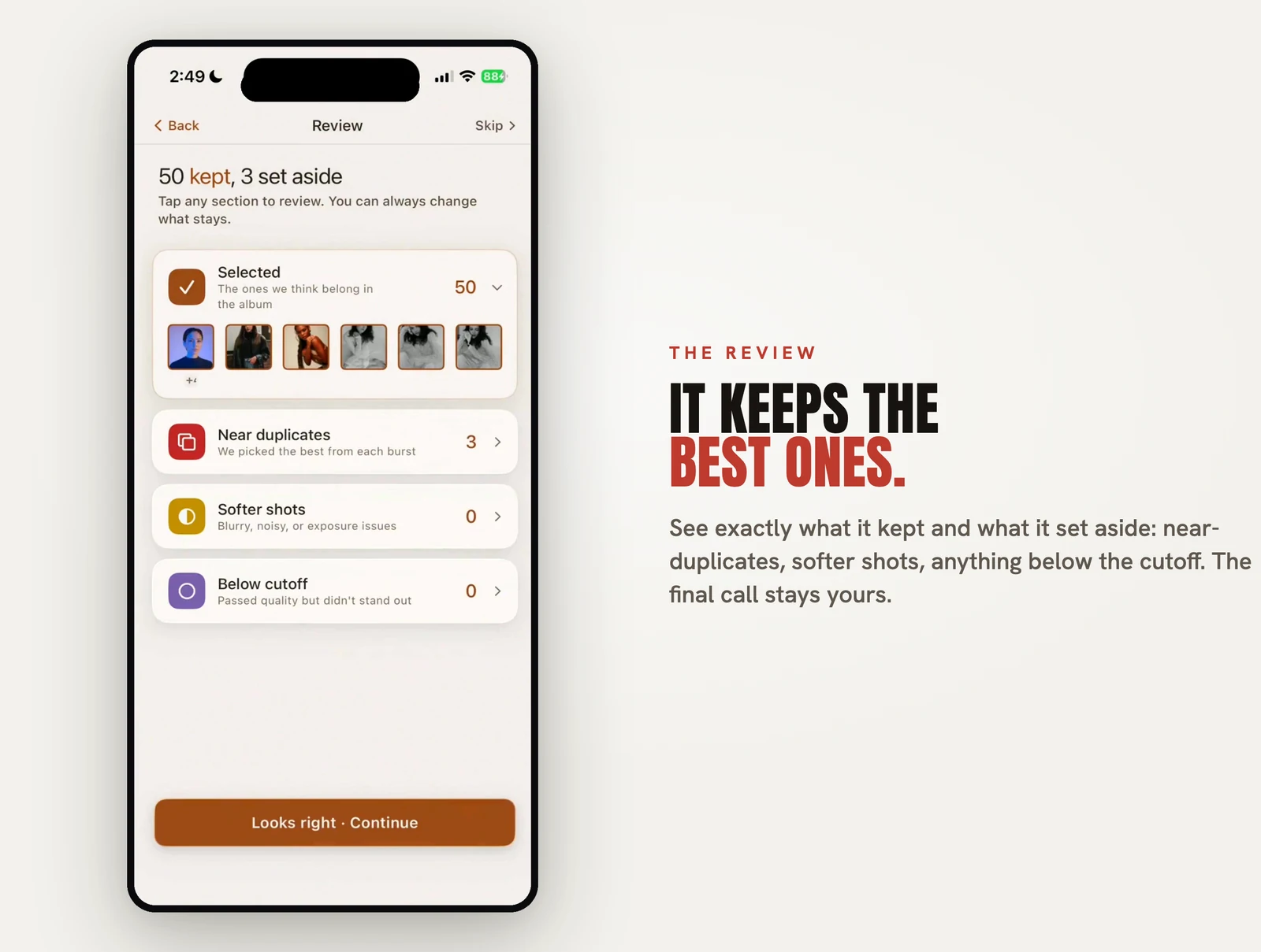 Pressbook's on-device review screen showing photos kept and set aside, grouped by near-duplicates, softer shots, and less distinct