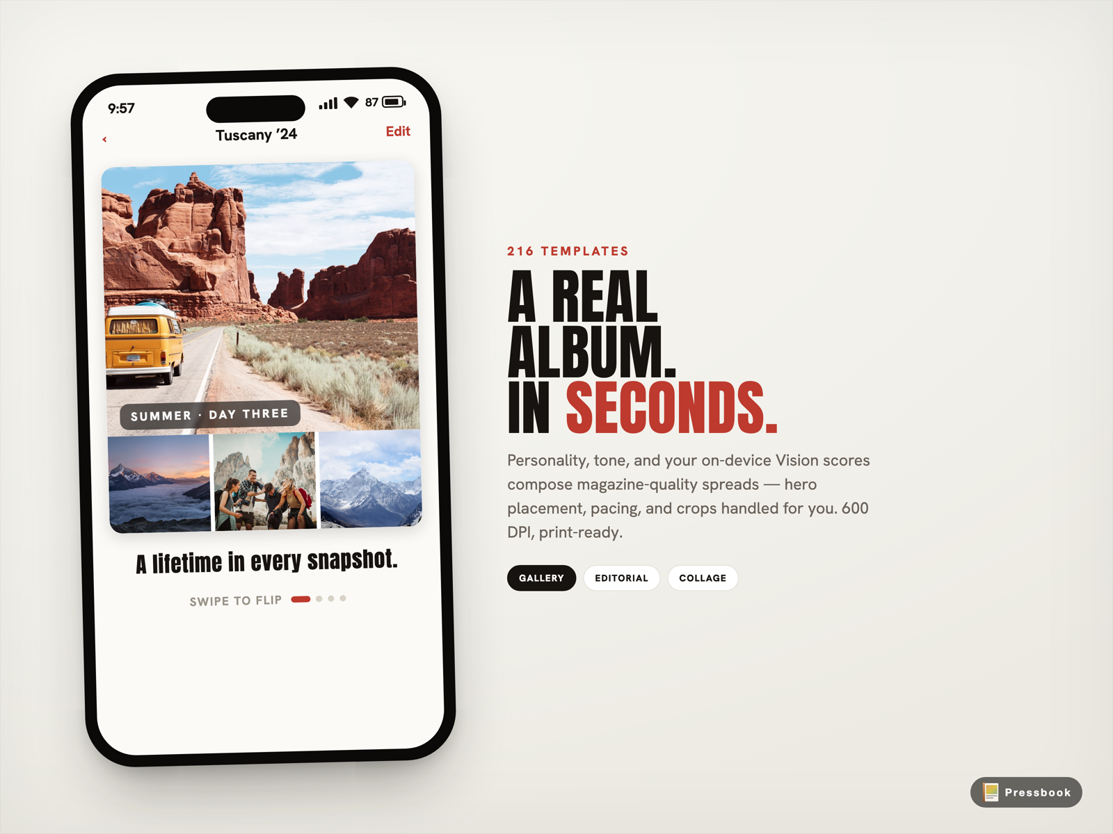 Pressbook finished album spread on iPhone after on-device curation and layout, showing a magazine-quality summer landscape page ready to print