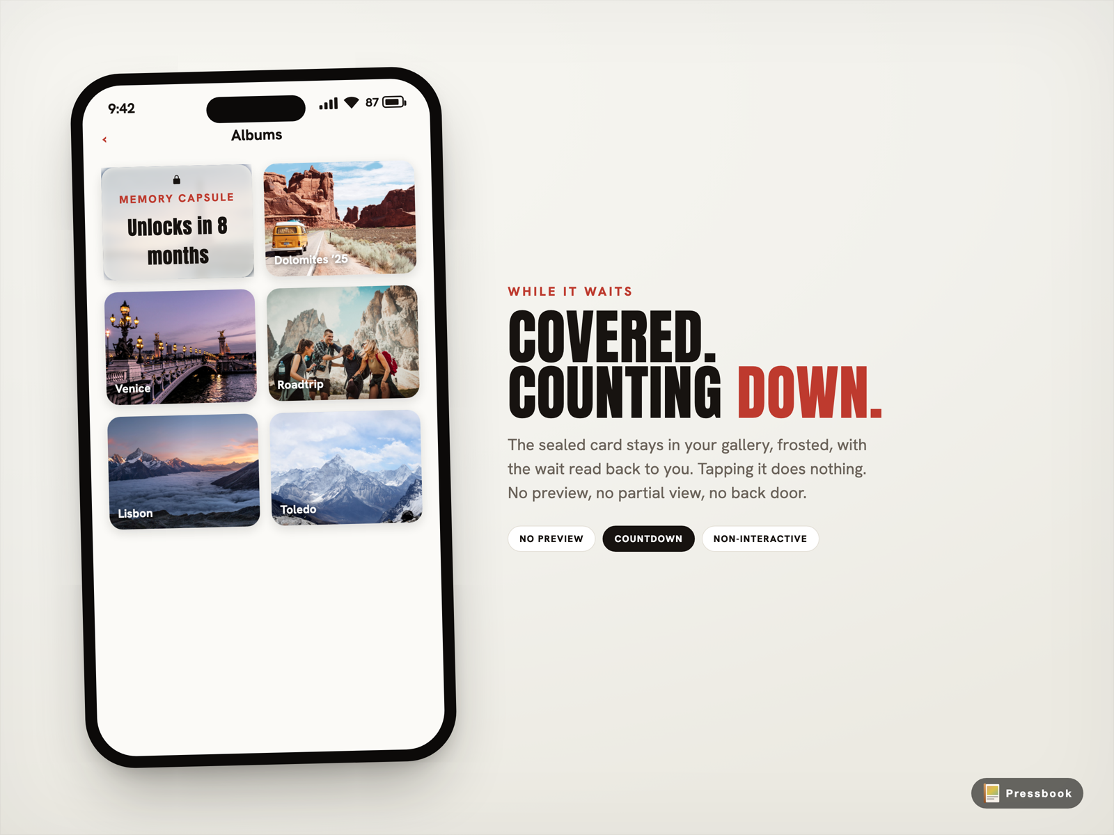 A Pressbook album card in the gallery covered by a frosted lock overlay with the label Memory Capsule and the countdown Unlocks in 8 months