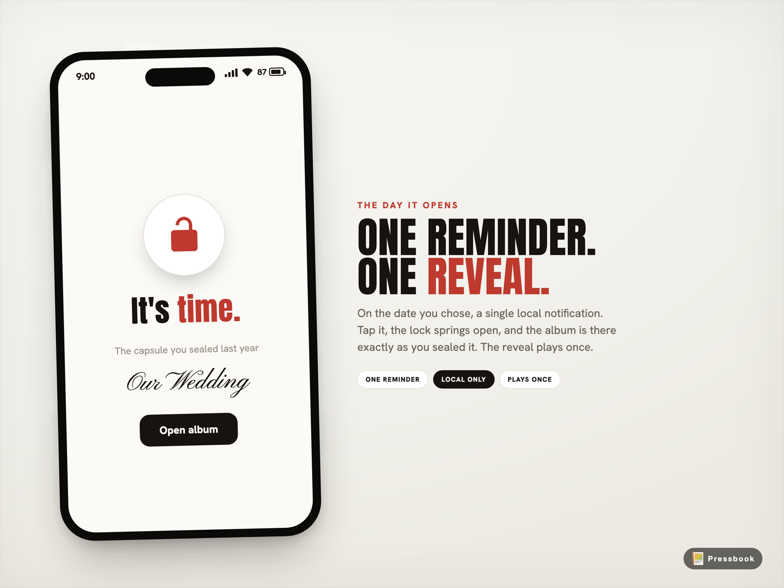 The Memory Capsule reveal screen with an open lock, the headline It's time, and the title ready to open