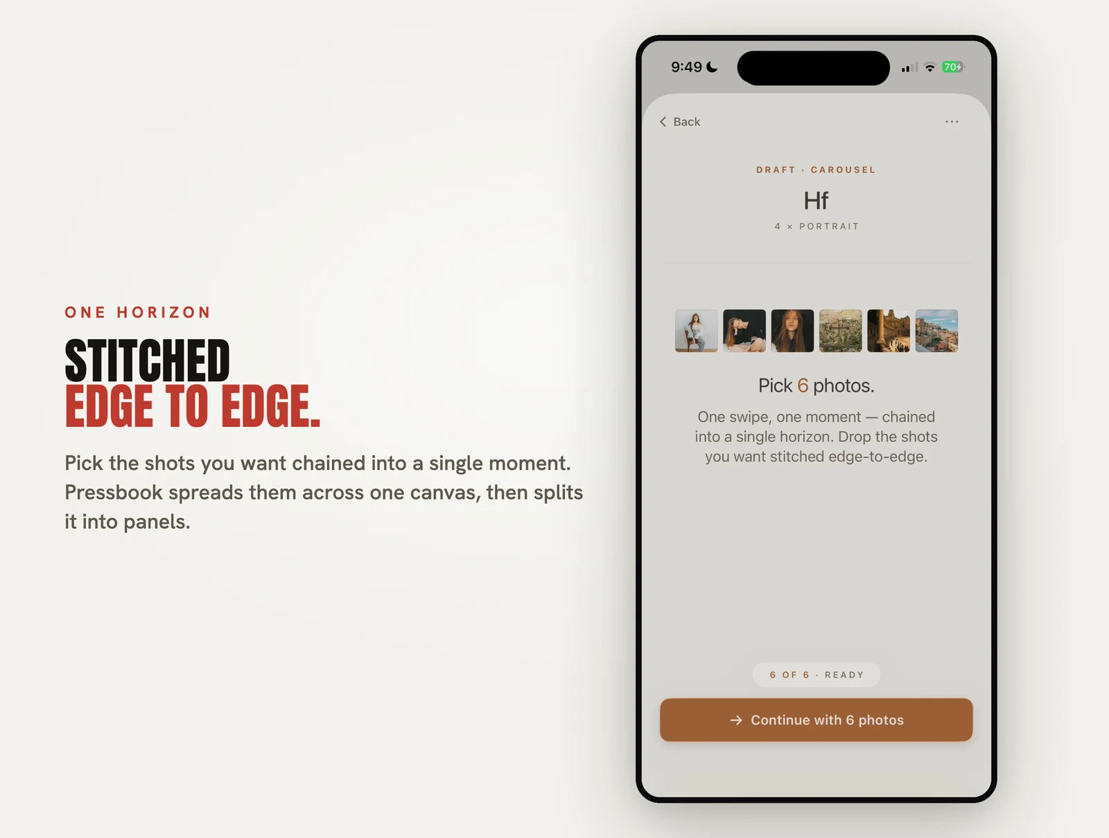 The Pressbook carousel intro screen explaining that panels are stitched edge to edge into a single horizon