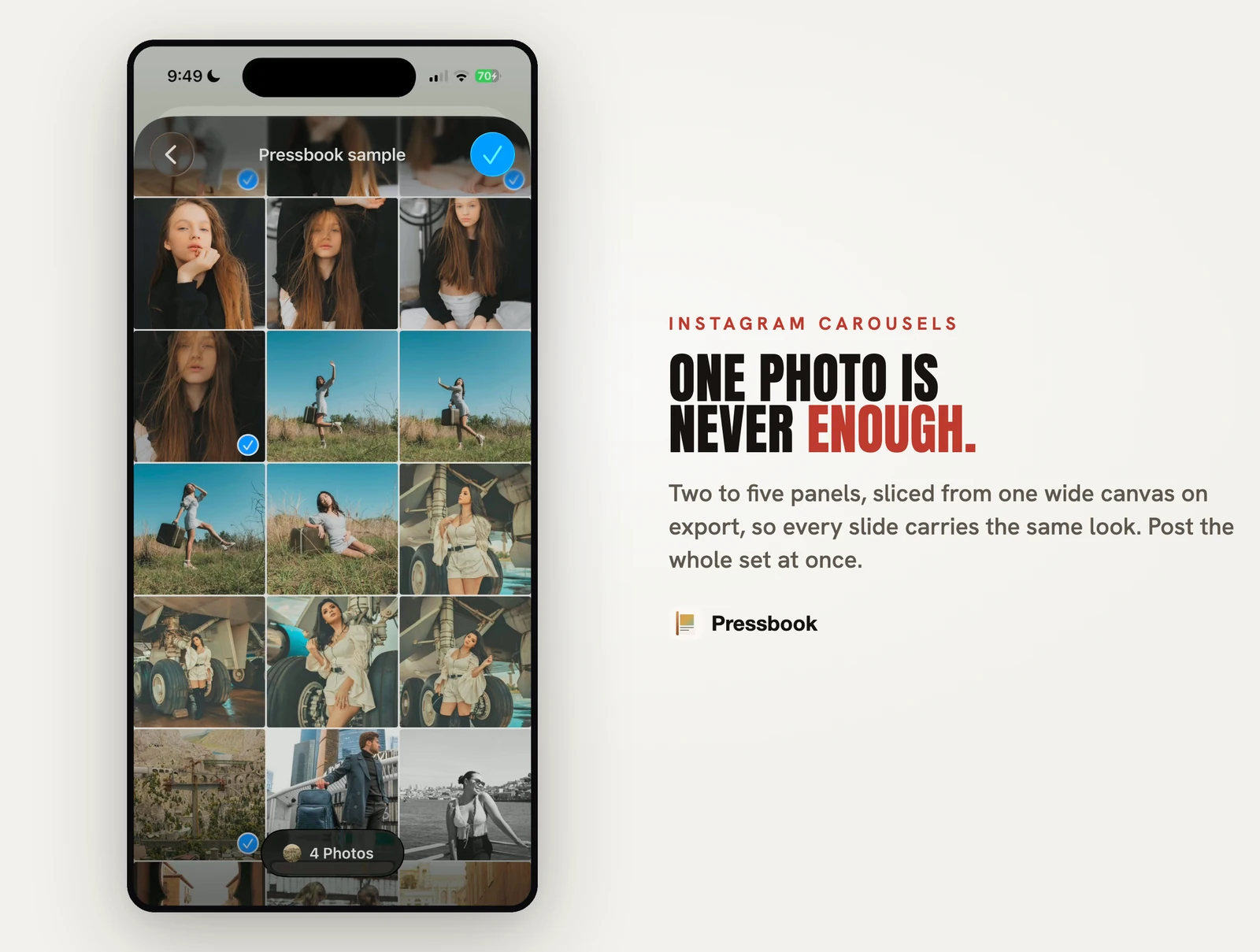 Pressbook carousel photo picker for a multi-panel continuous swipe