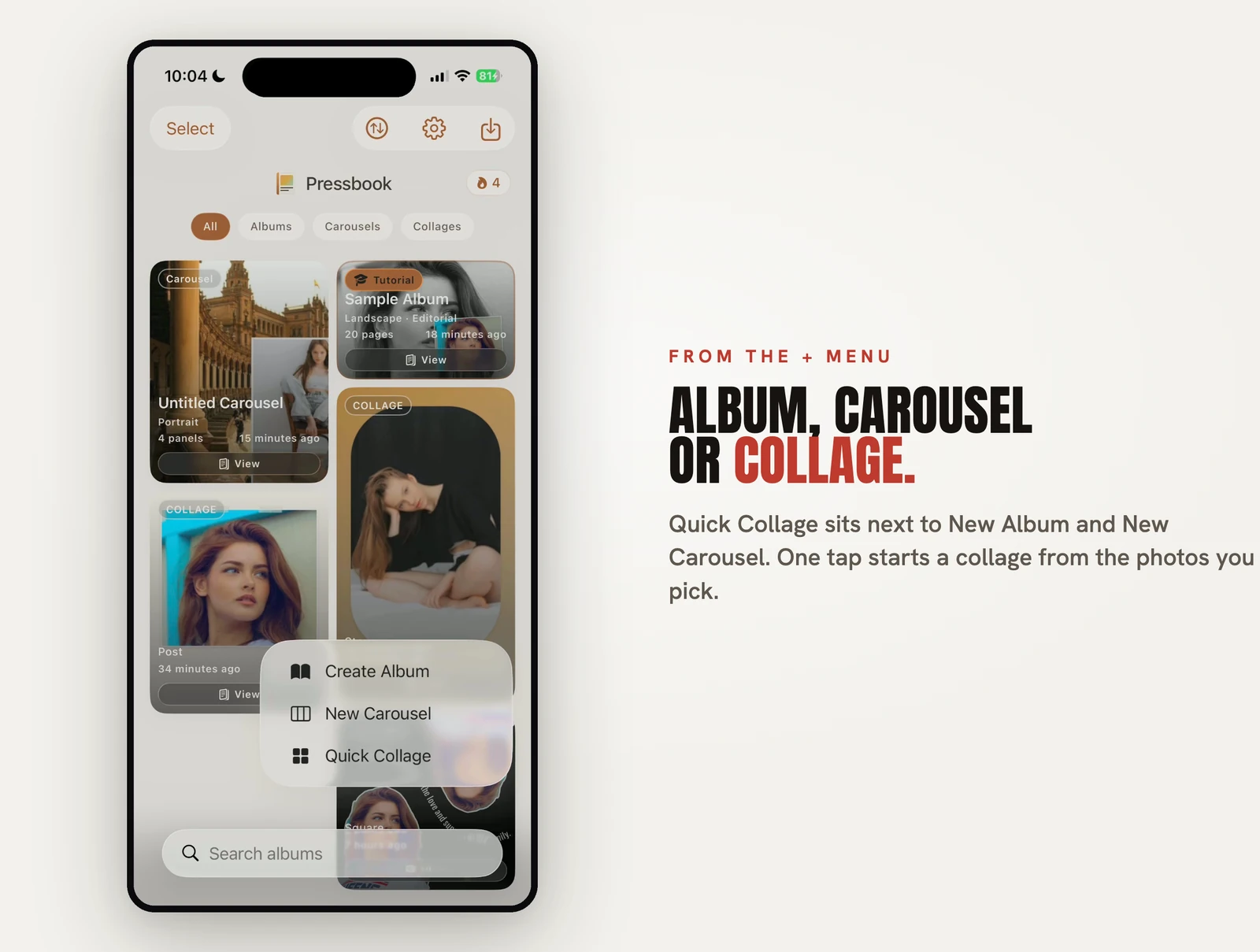 The Pressbook + menu showing New Album, New Carousel and Quick Collage options