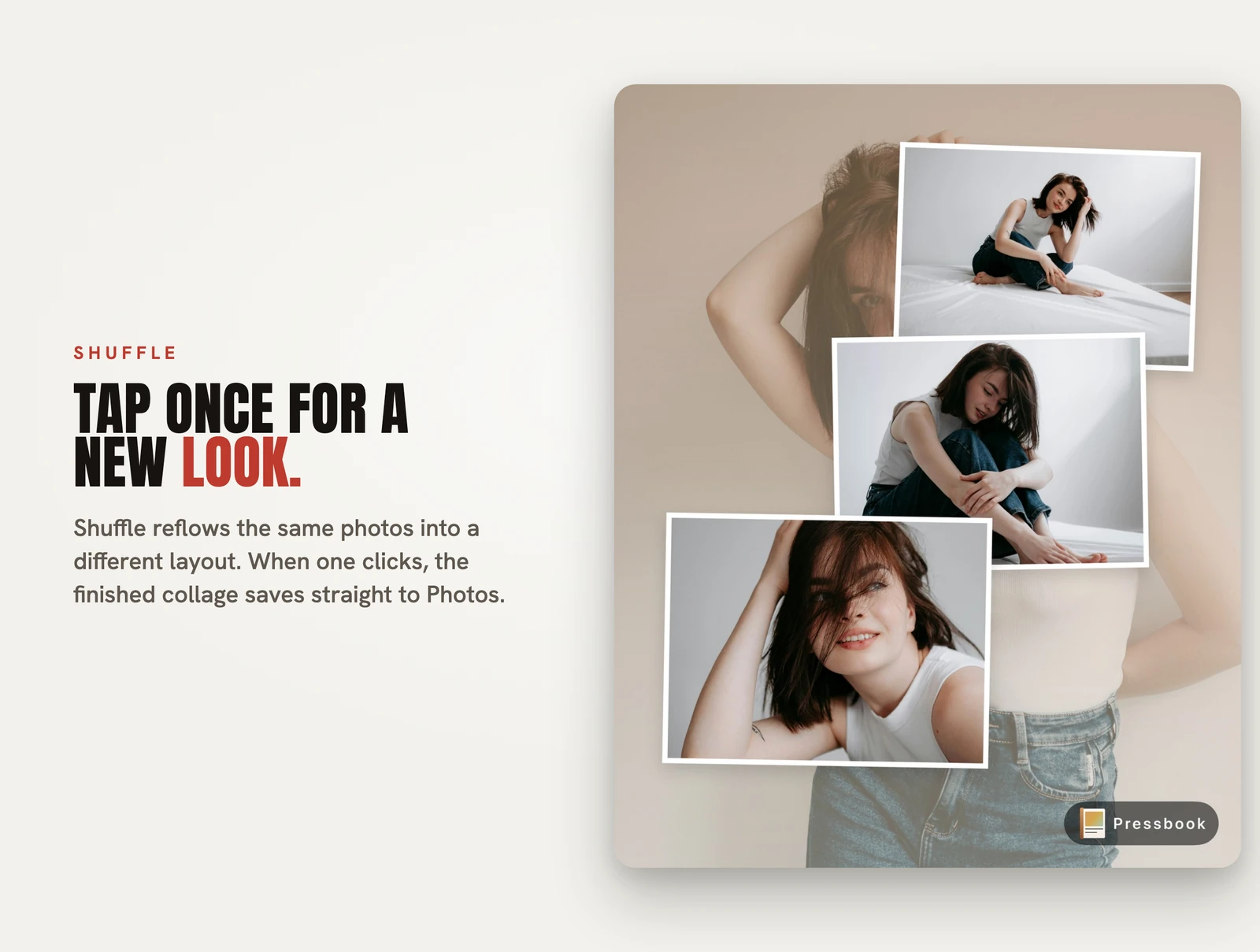 A finished photo collage in Pressbook with the option to save to Photos or share