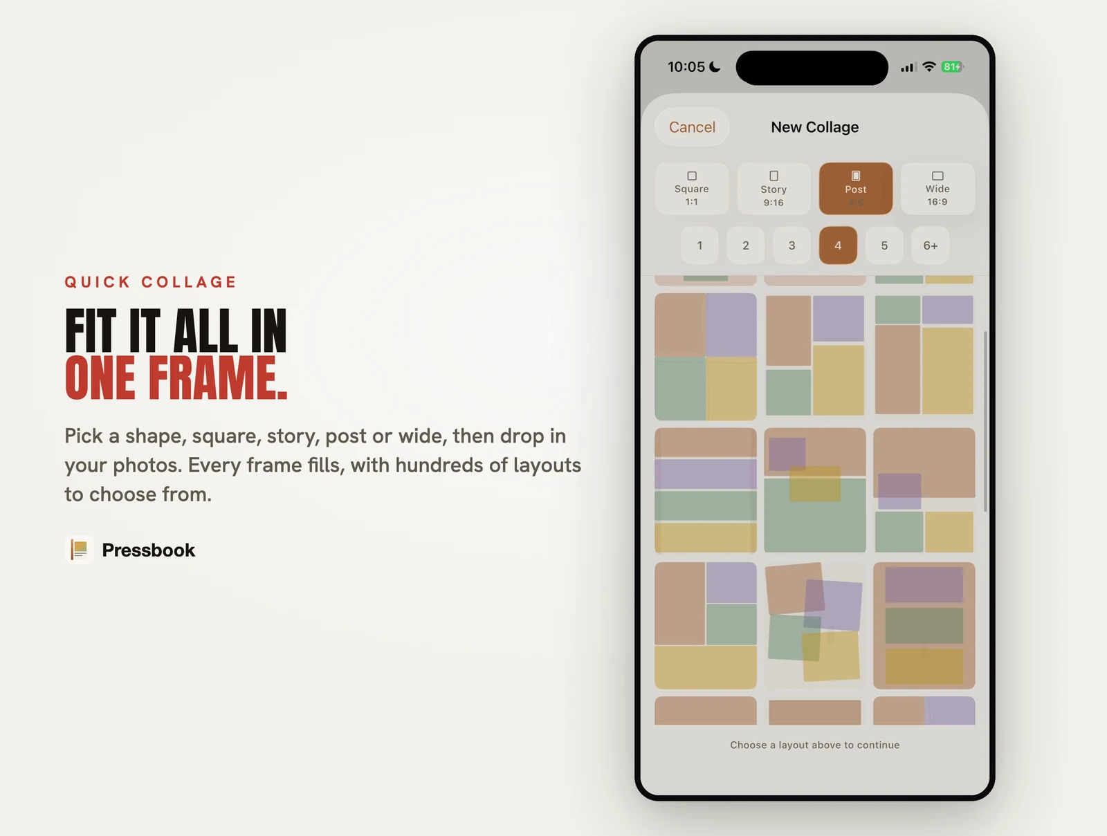 Pressbook Quick Collage: pick shape and layout on device