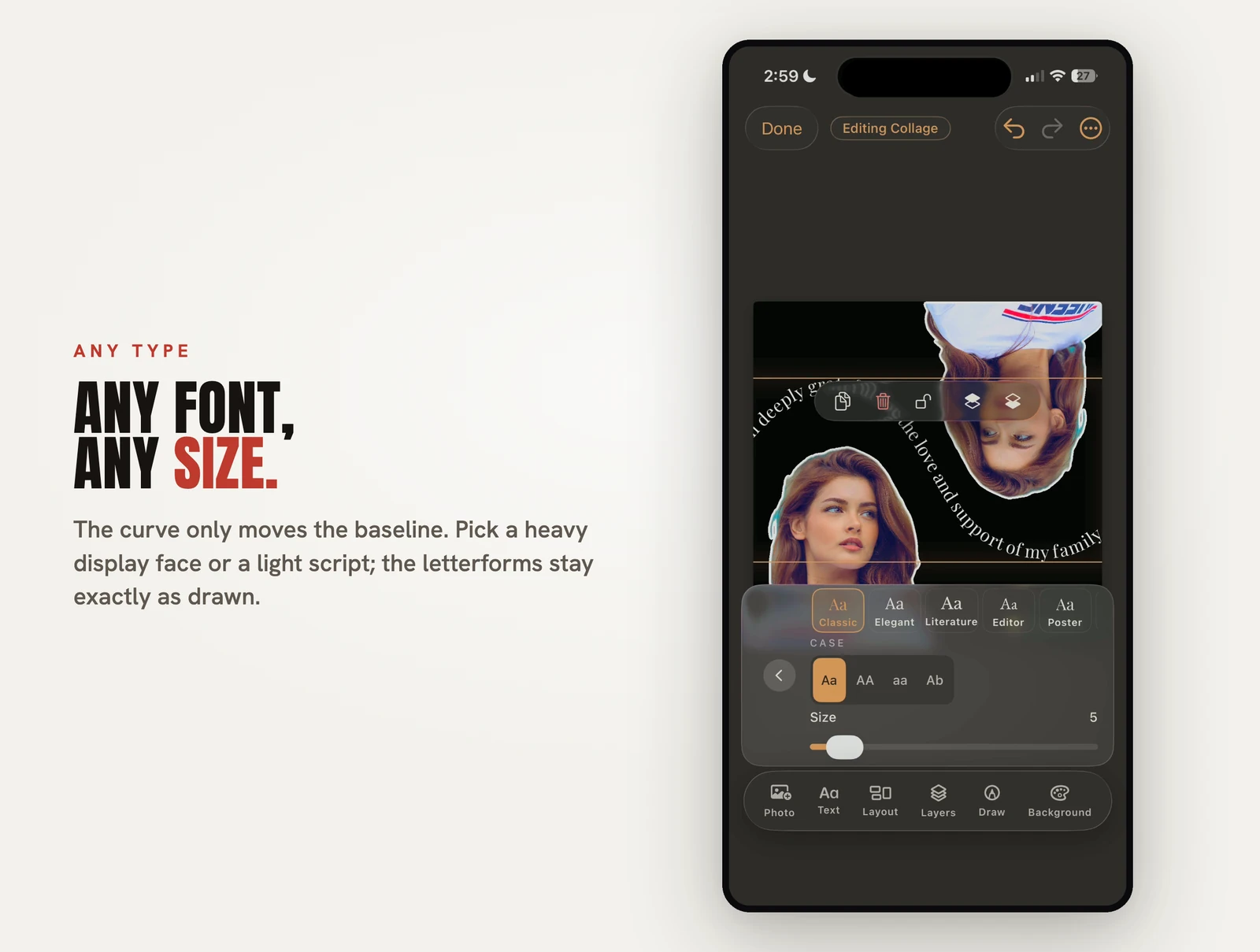 The Pressbook font picker with a size slider while editing curved text on a photo