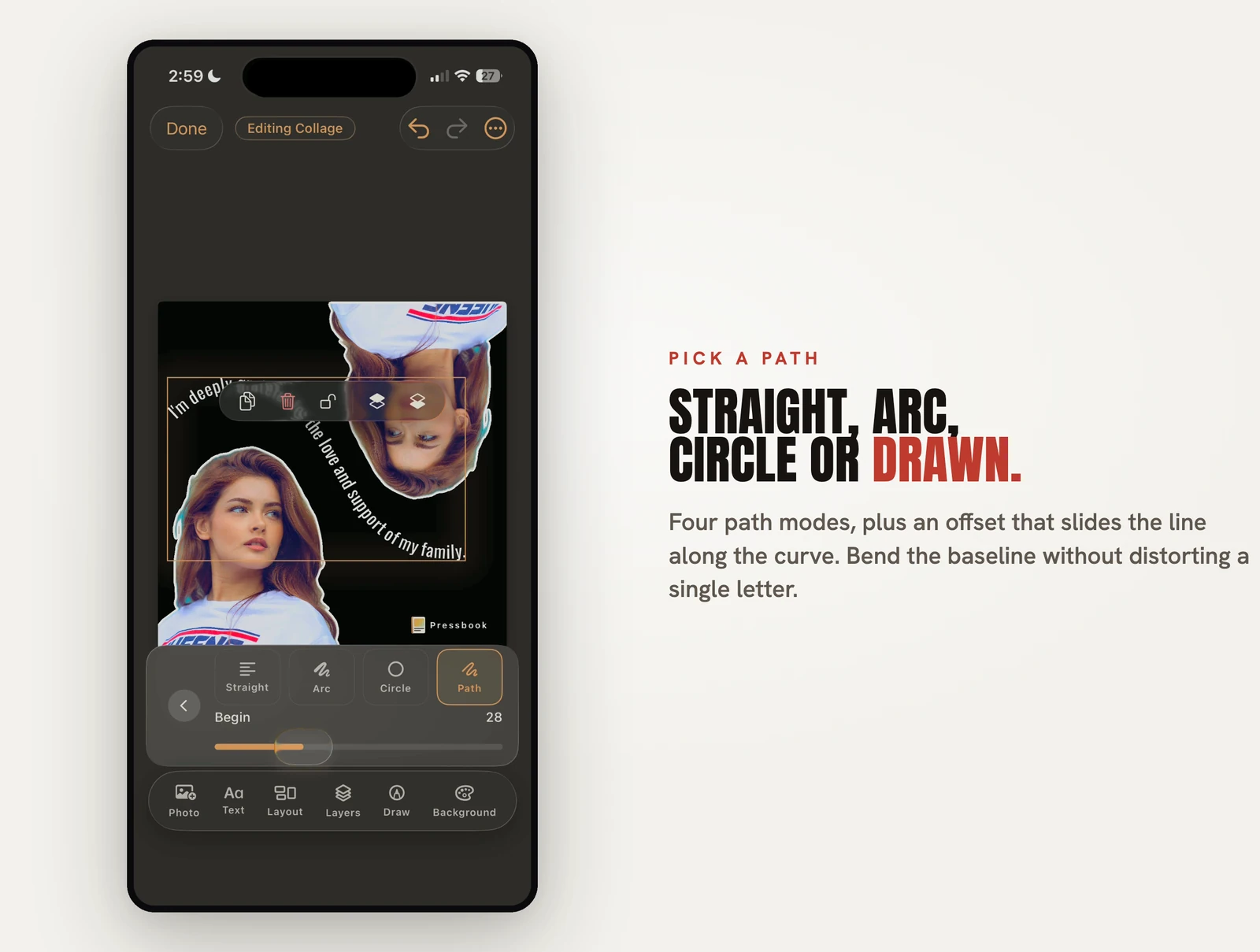 The Pressbook text path controls showing straight, arc, circle and drawn path options with an offset slider
