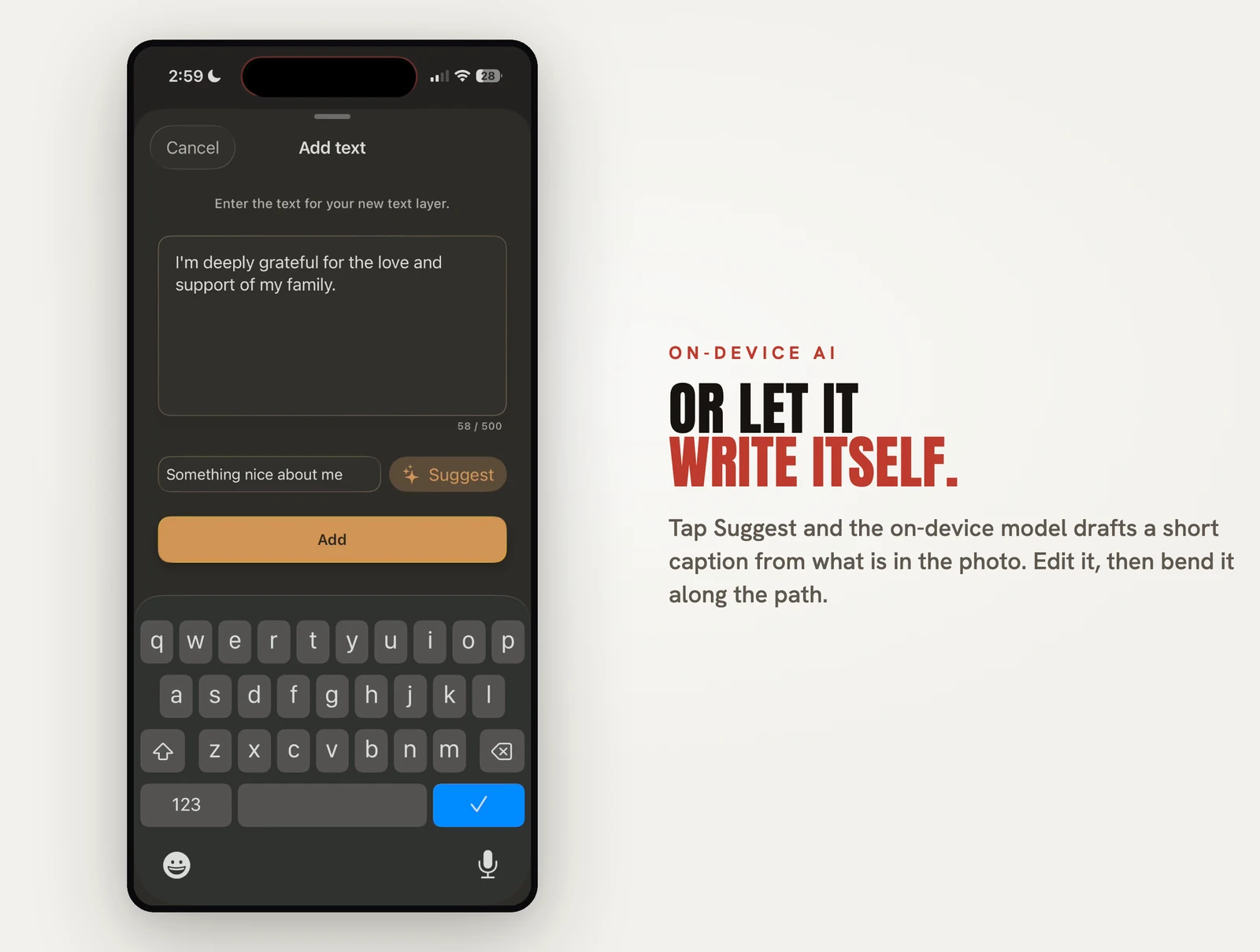 The add-text screen in Pressbook with a Suggest button that drafts a caption on-device