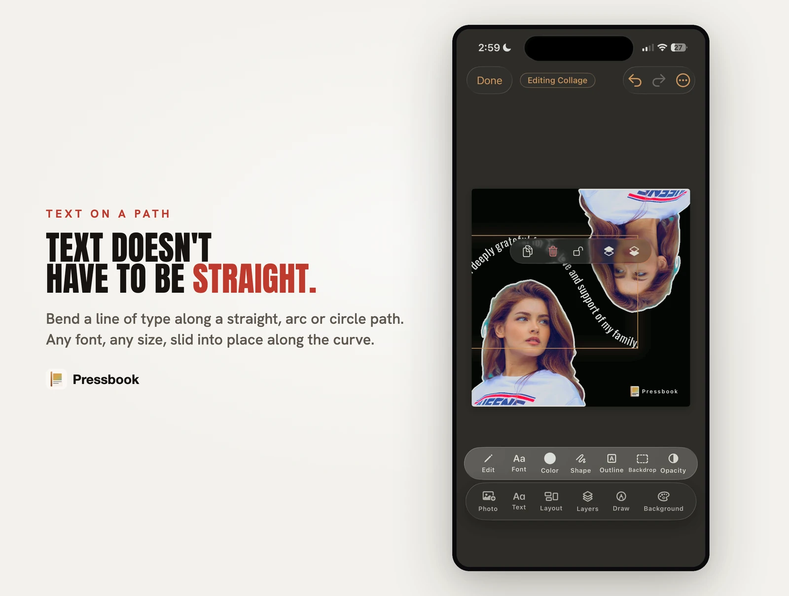 Curved text and photo-filled type on a Pressbook page