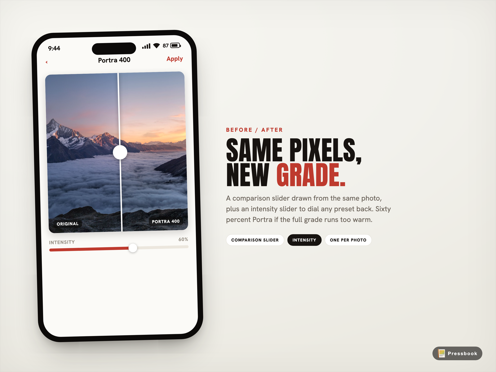 The Pressbook immersive filter view showing a before-and-after comparison slider between an original photo and a Portra 400 grade, with an intensity slider below