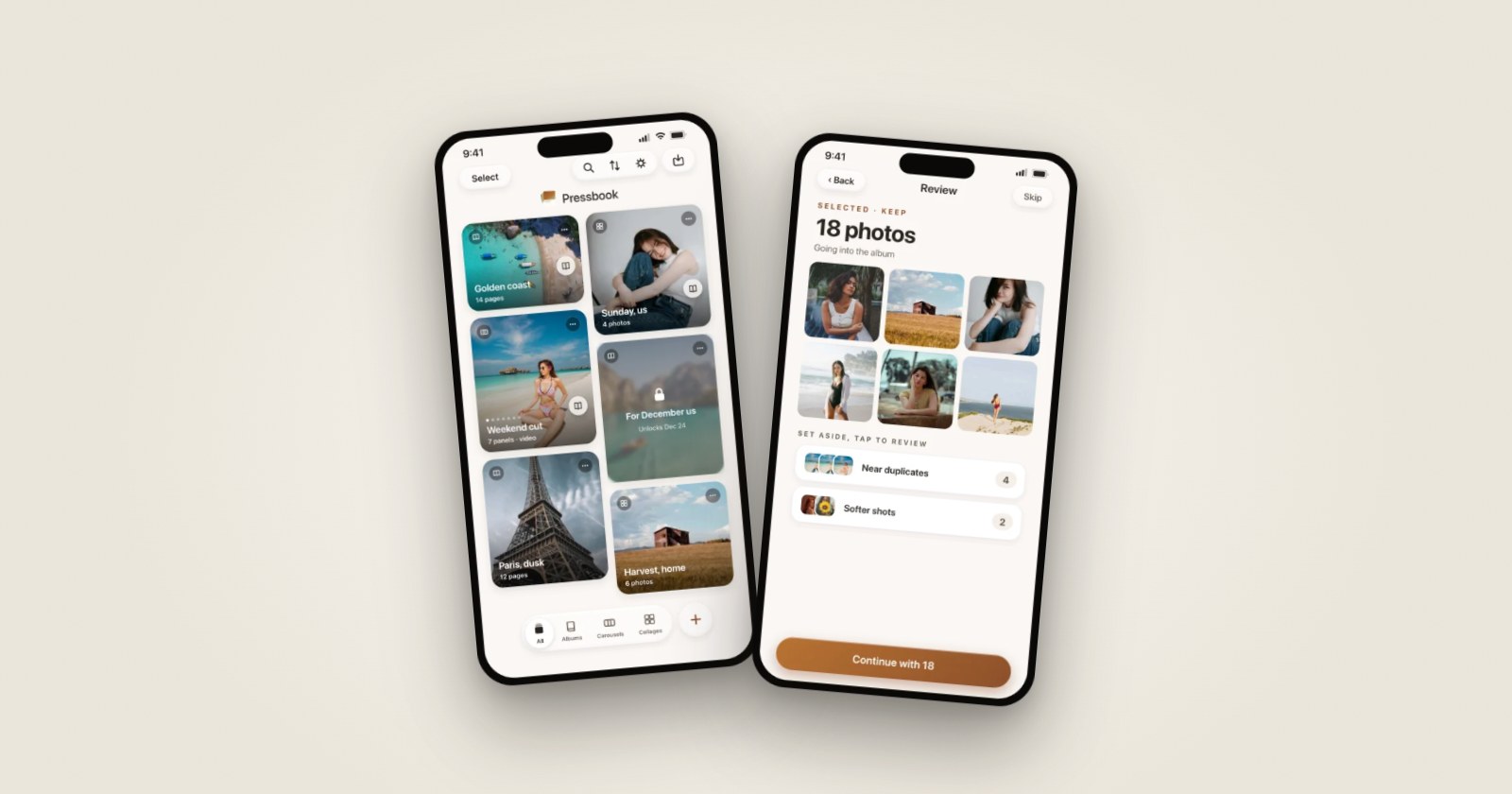Two iPhones showing Pressbook: the library of albums, carousels and collages, and the Review screen with 18 photos going into an album and the near duplicates and softer shots set aside.
