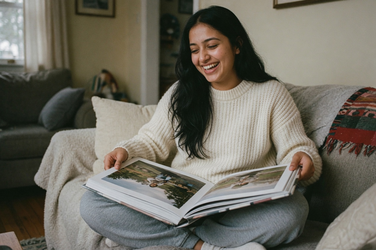 Young woman on a couch with a photo album