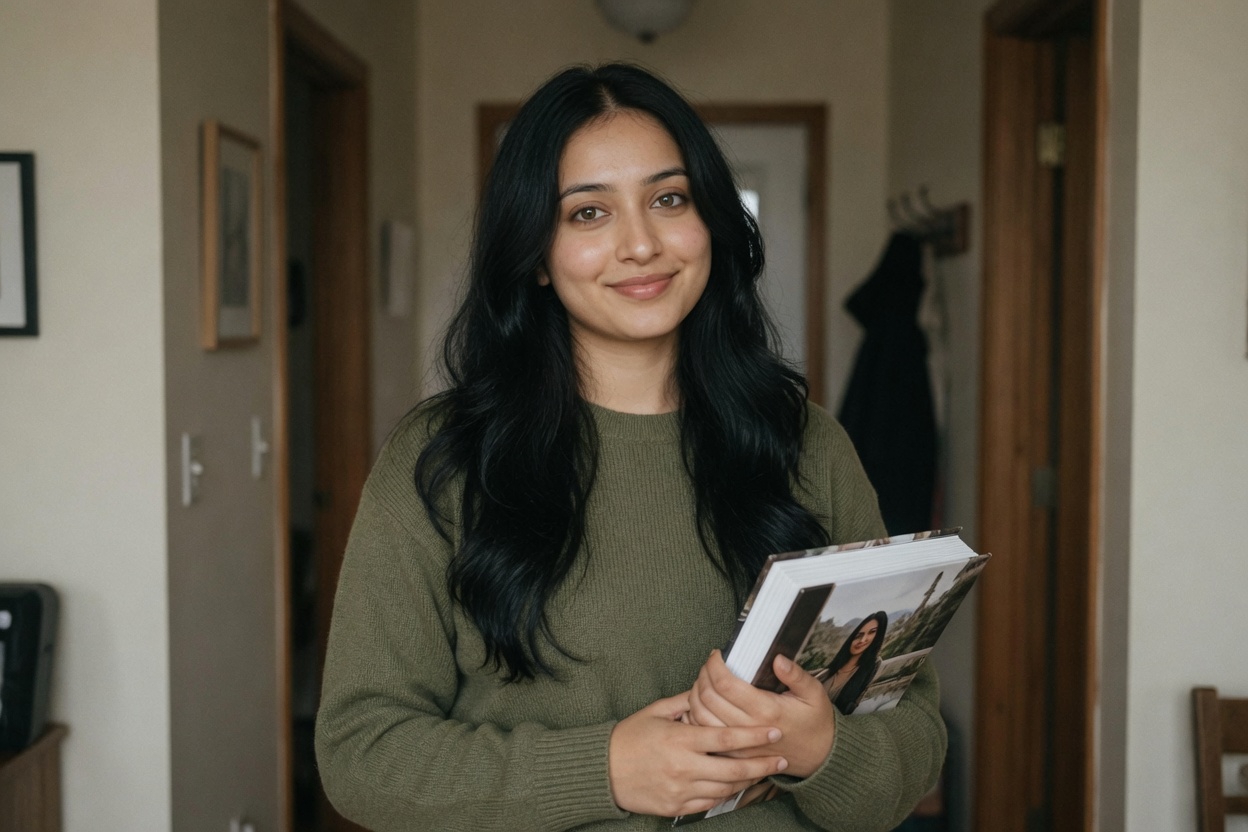 Young woman holding a thick photo album