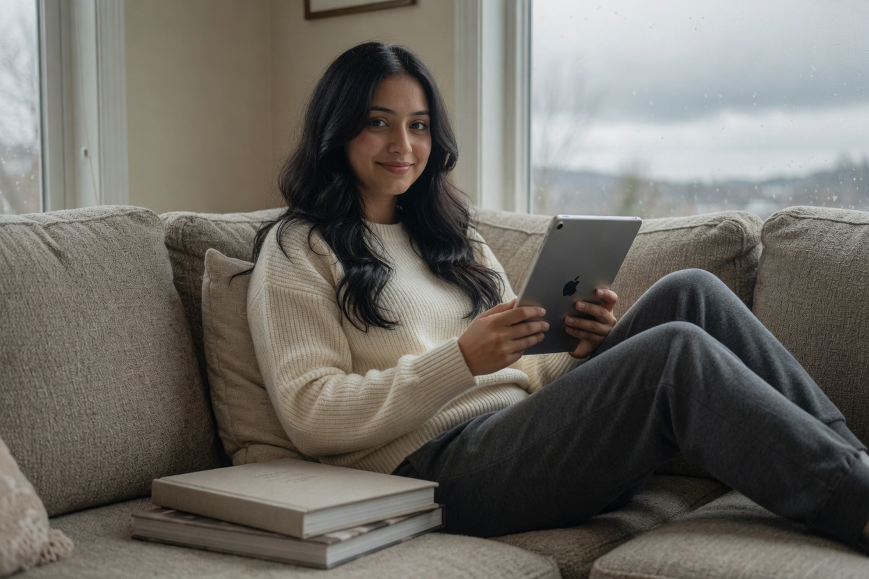 Young woman with iPad screen facing her