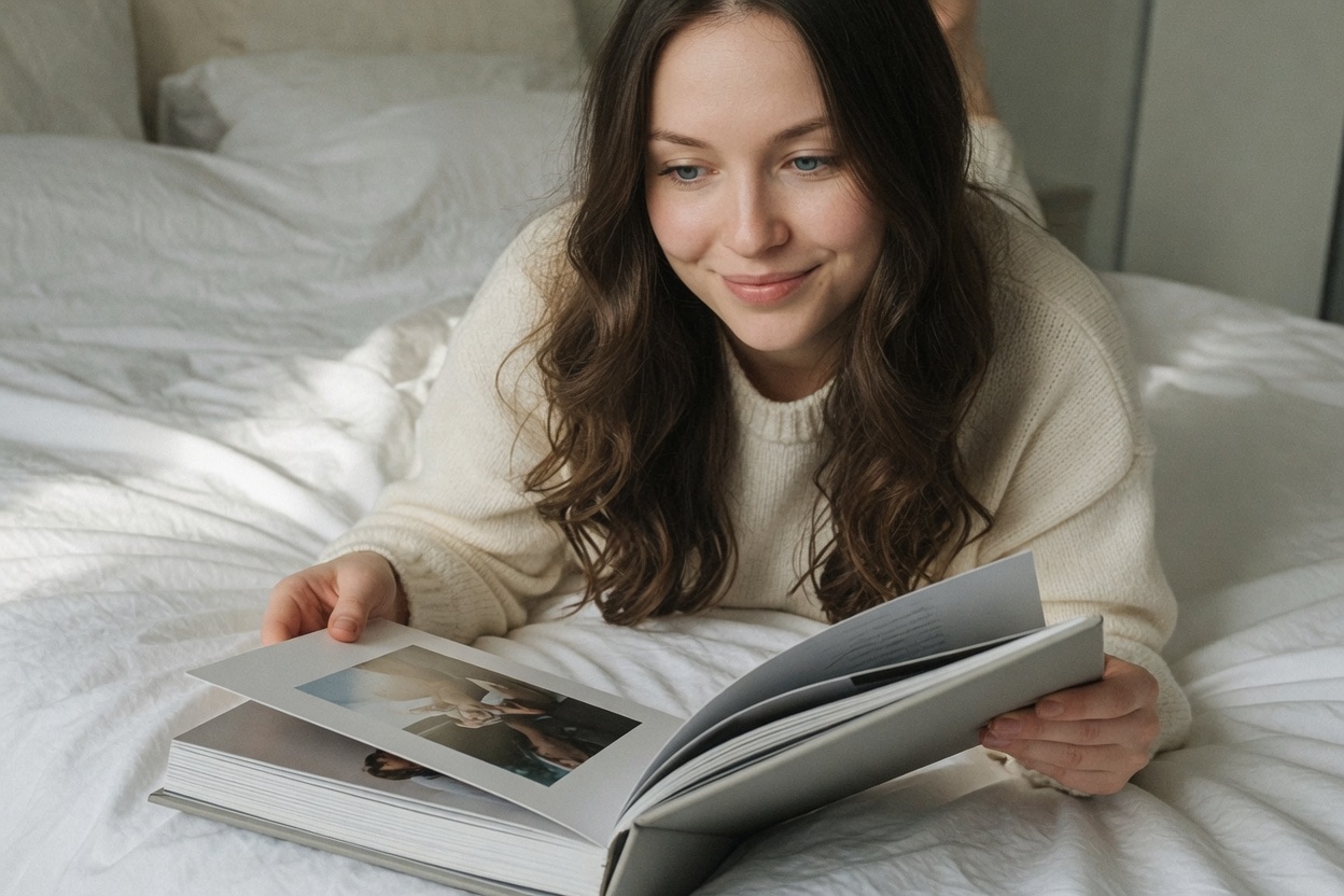 Young woman on a bed flipping a photo album