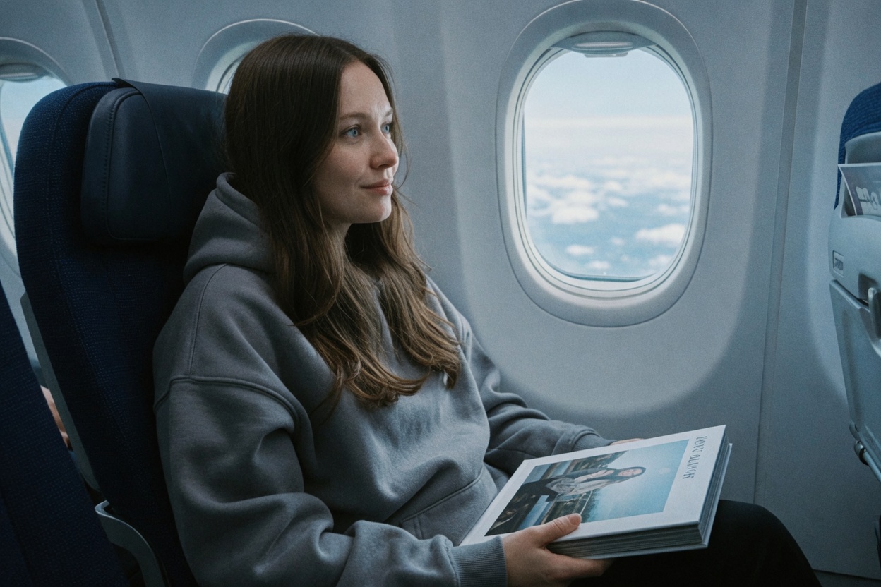 Young woman on a plane with a photo album