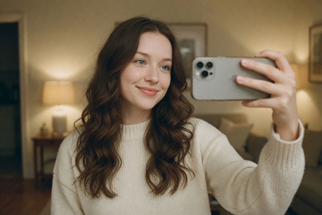 Young woman with phone screen facing her