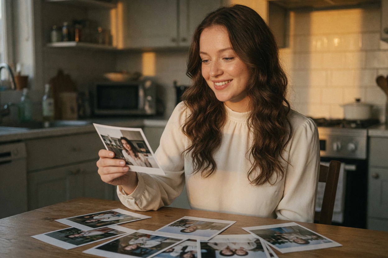 Young woman with photo prints on a table