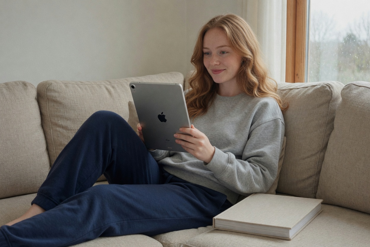 Young woman with iPad screen facing her