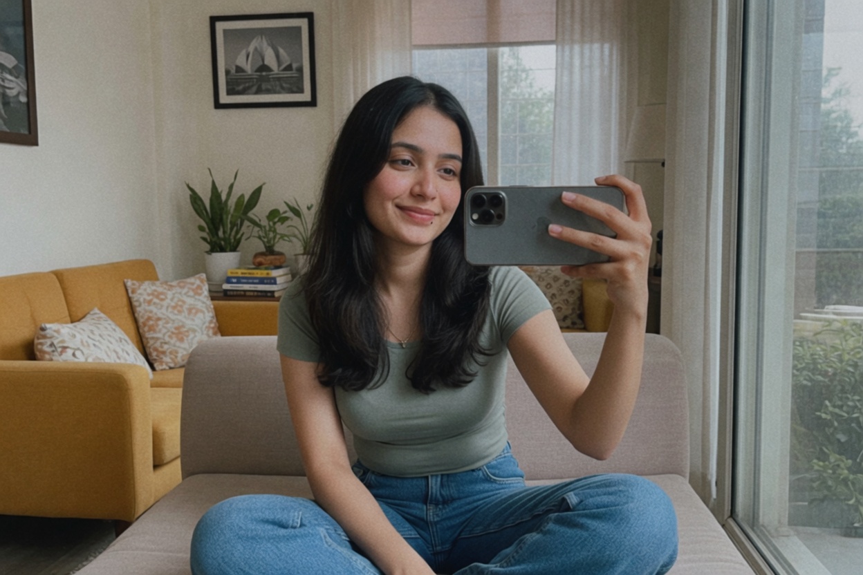 Young woman with phone screen facing her