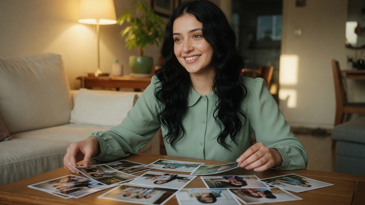 Woman sorting photo prints for a multi-image story