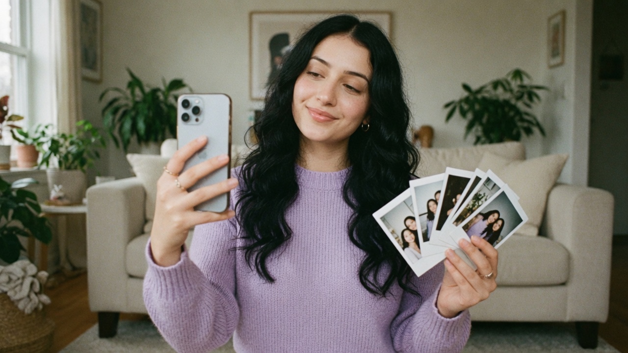 Woman comparing phone photos with printed stills