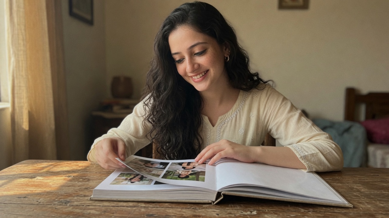 Open photo album on a desk with hands turning a page