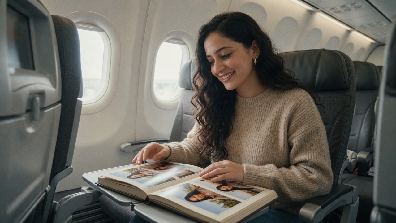 Photo album open on an airplane tray table