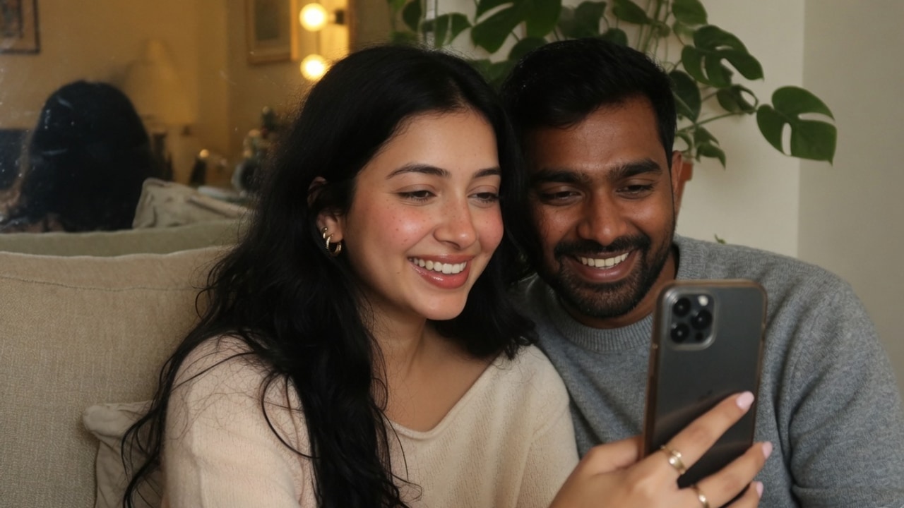 Couple on a sofa looking at a phone together, screen facing them