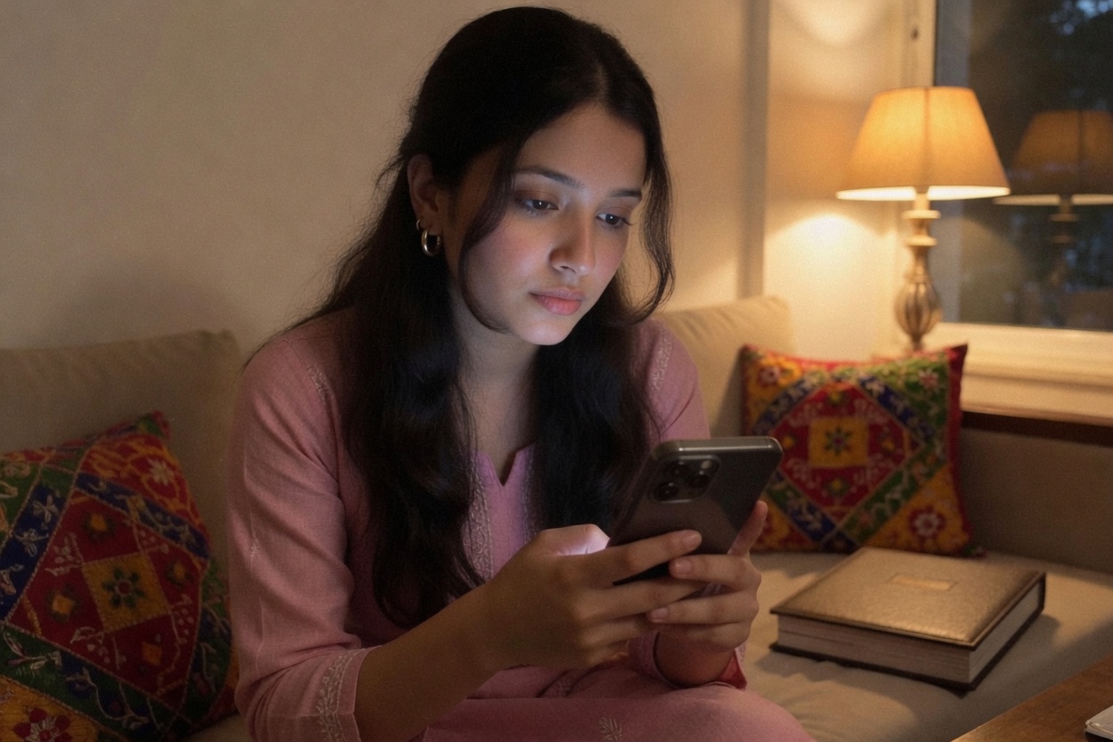 Young woman with phone screen facing her