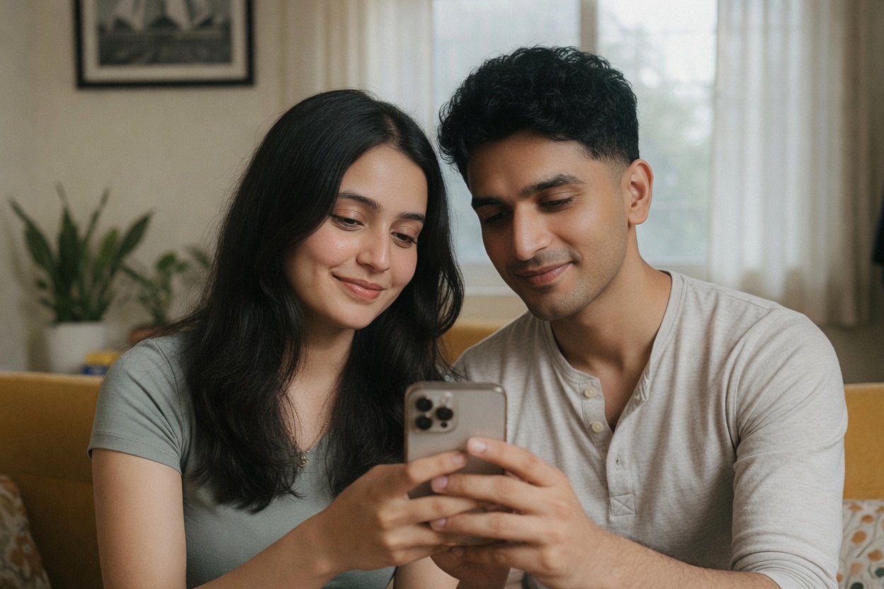 Couple with phone screen facing them