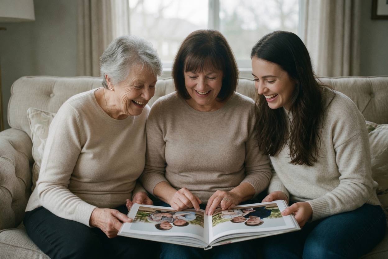 Family on a sofa with a photo book