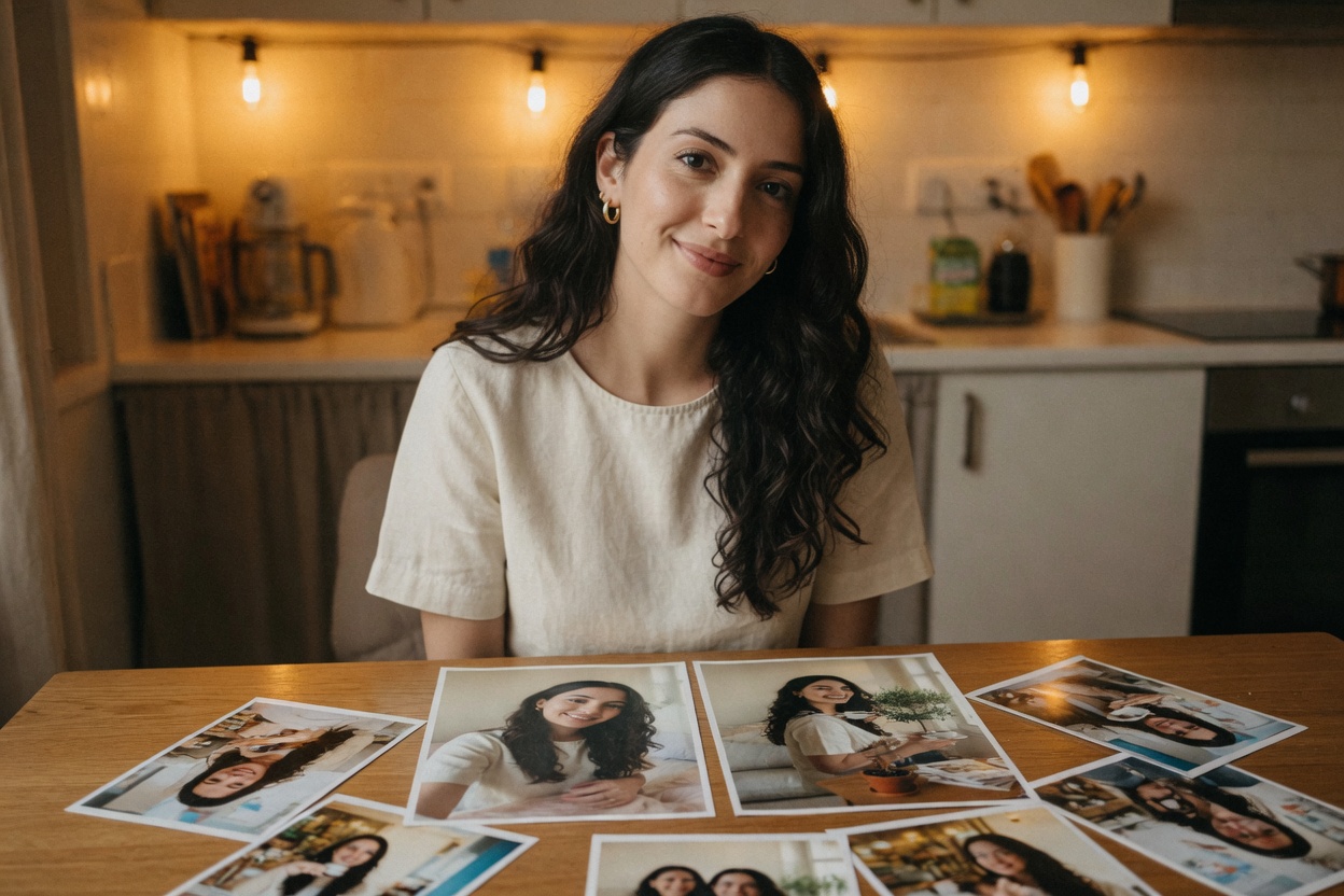 Young woman comparing photo prints