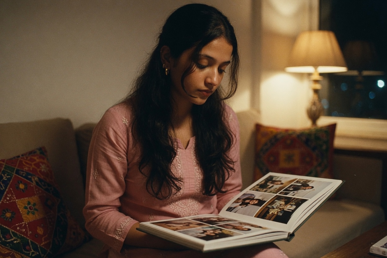 Young woman reading a photo album at night