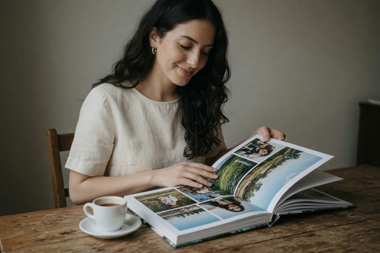 Young woman turning a photo album page