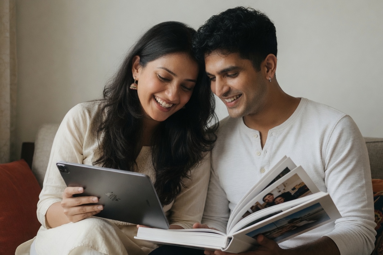 Wedding couple with iPad screen facing them