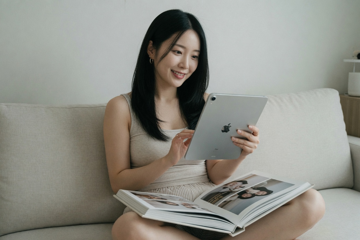 Young woman with album and iPad screen facing her