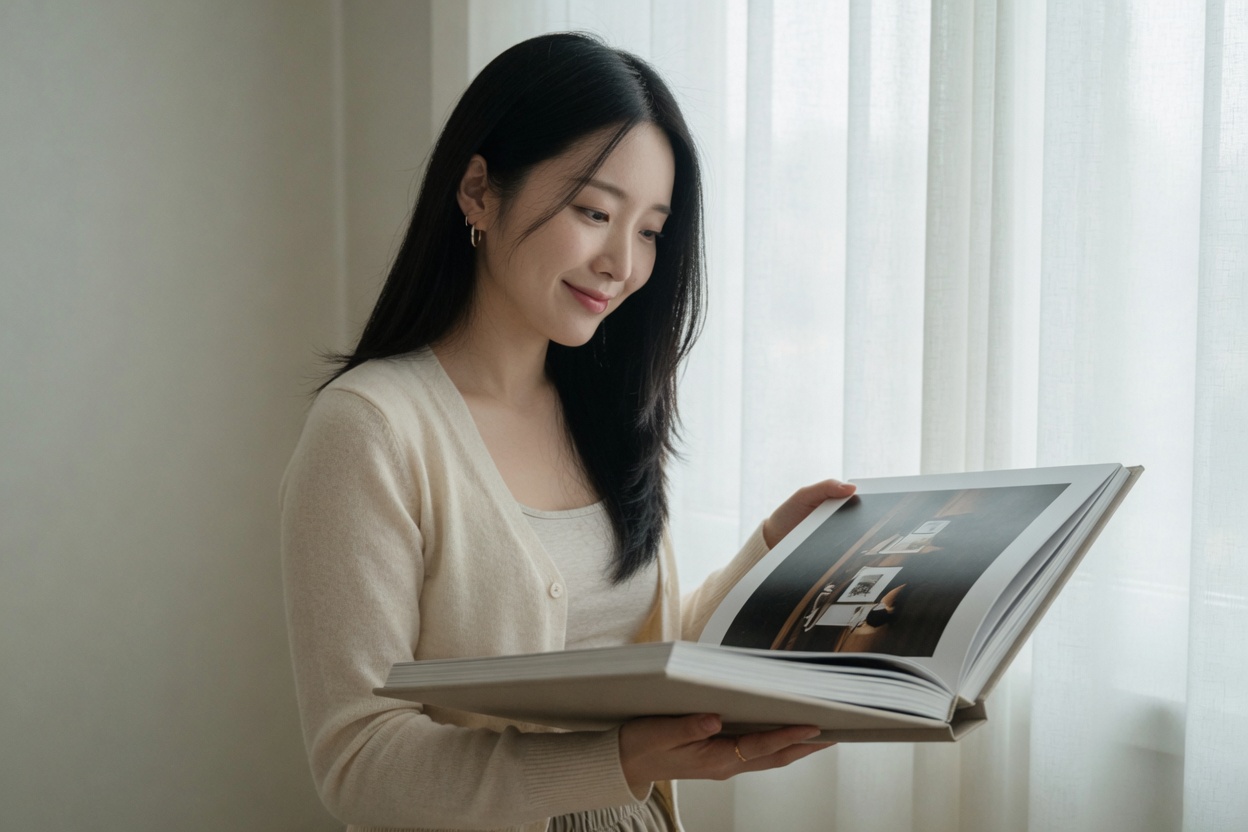 Young woman checking a print spread by a window