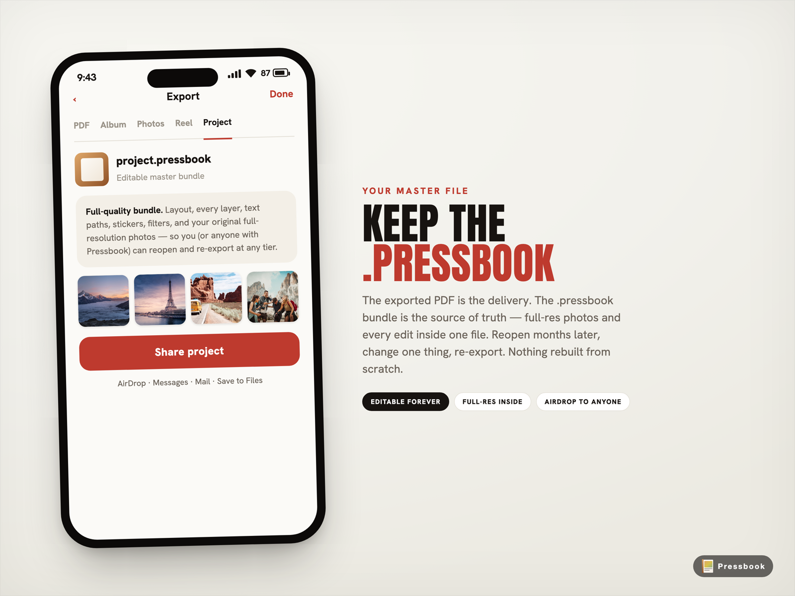 Pressbook export modal with the Project file tab selected, showing the .pressbook bundle description and a Share project button