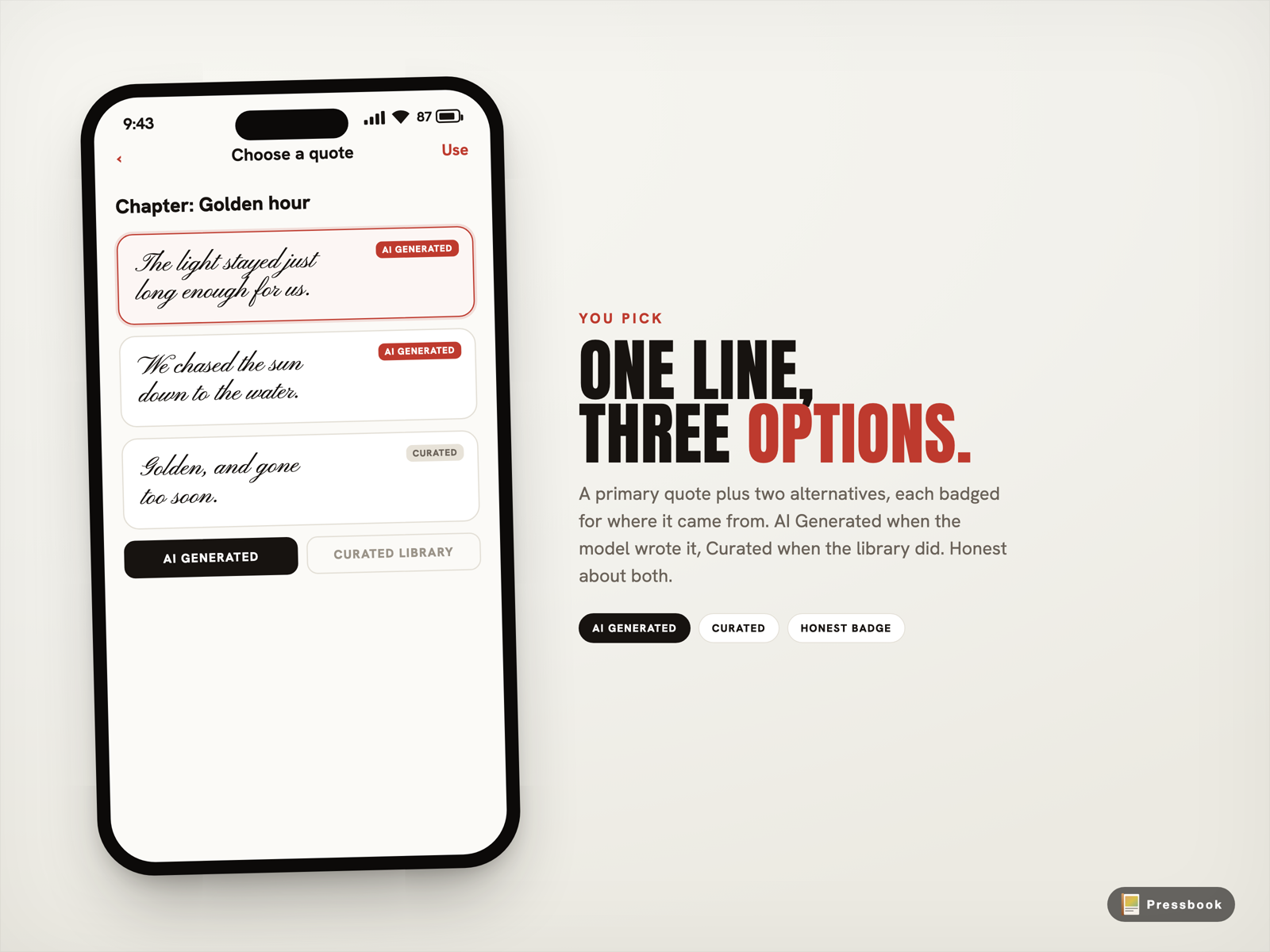 The Pressbook quote suggestion sheet showing a primary quote with two alternatives and an AI Generated badge, plus a Curated fallback option